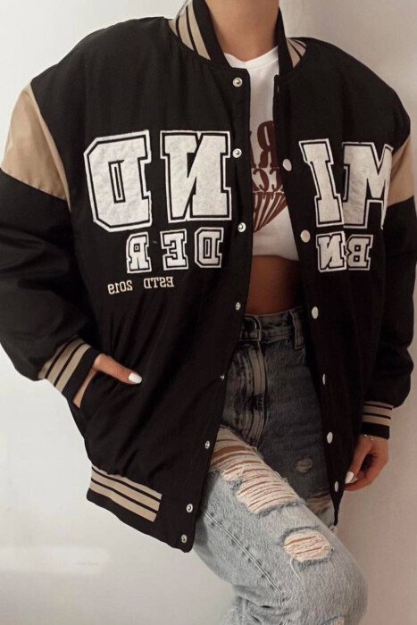 FRONT WRITTINGS BOMBER WOMEN JACKET BLACK/ E ZEZE - KLAUDIO FASHION