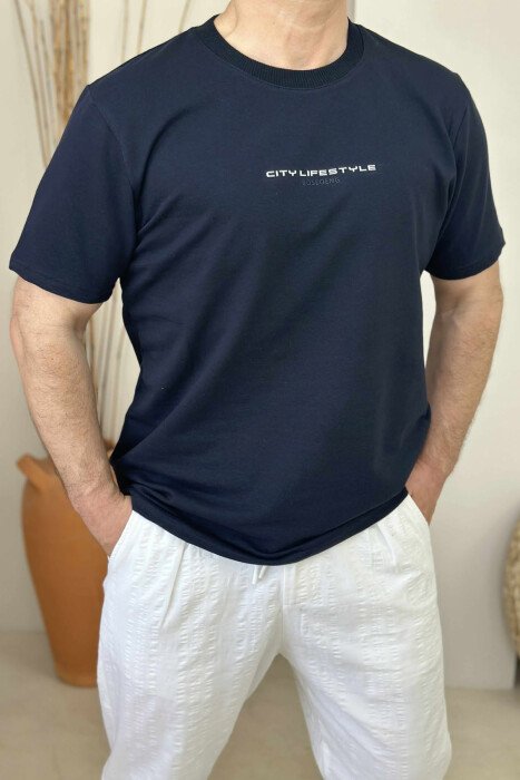 FRONT WRITTINGS CITY LIFESTYLE MEN T-SHIRT DARK BLUE/BEE - 3