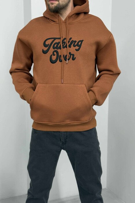 FRONT WRITTINGS FLUFFY MEN HOODIE BROWN/KAFE - 1