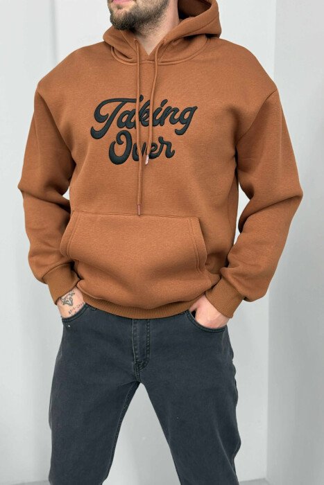 FRONT WRITTINGS FLUFFY MEN HOODIE BROWN/KAFE - 2