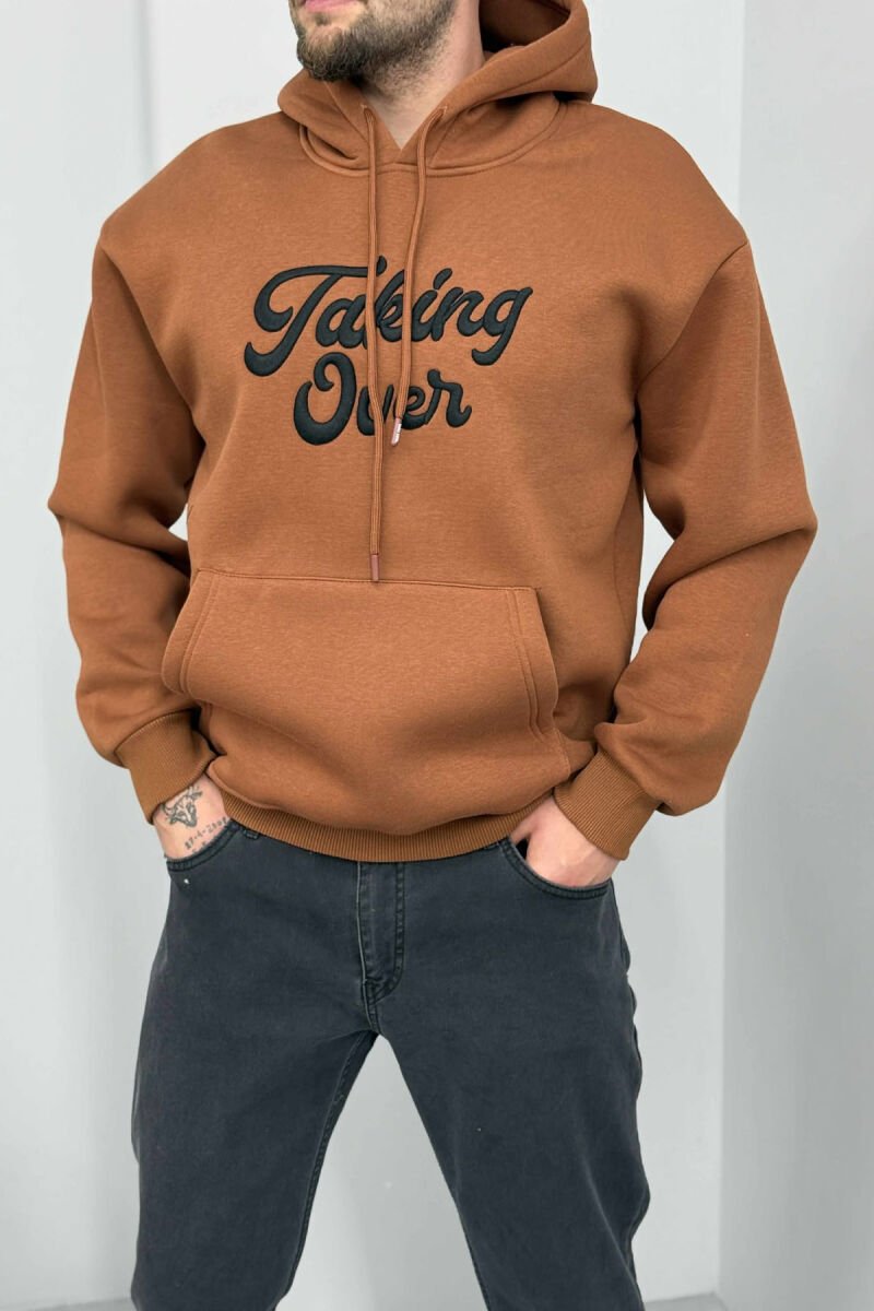 FRONT WRITTINGS FLUFFY MEN HOODIE BROWN/KAFE - 2