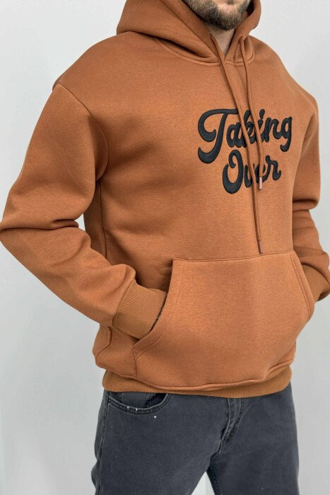 FRONT WRITTINGS FLUFFY MEN HOODIE BROWN/KAFE - 3
