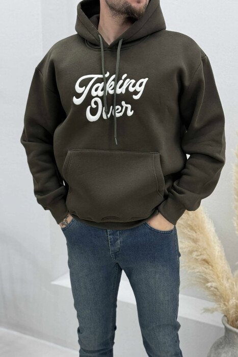 FRONT WRITTINGS FLUFFY MEN HOODIE DARK GREEN/JEE - 1