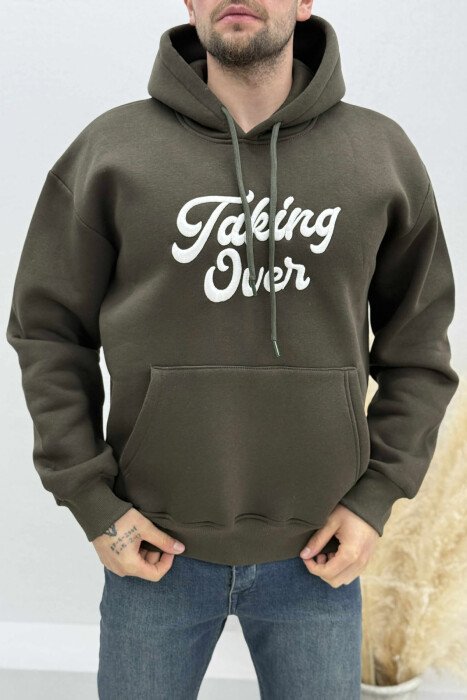 FRONT WRITTINGS FLUFFY MEN HOODIE DARK GREEN/JEE - 4