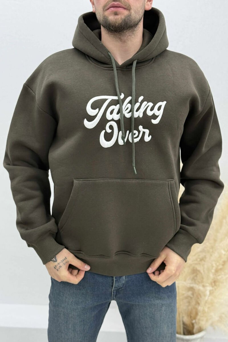 FRONT WRITTINGS FLUFFY MEN HOODIE DARK GREEN/JEE - 4