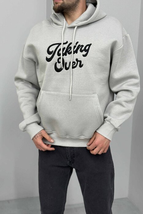 FRONT WRITTINGS FLUFFY MEN HOODIE LIGHT GREY/GZ - 