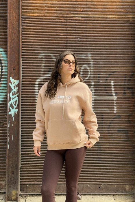 FRONT WRITTINGS FLUFFY ONE COLOR WOMEN HOODIE BEIGE/BEZHE 