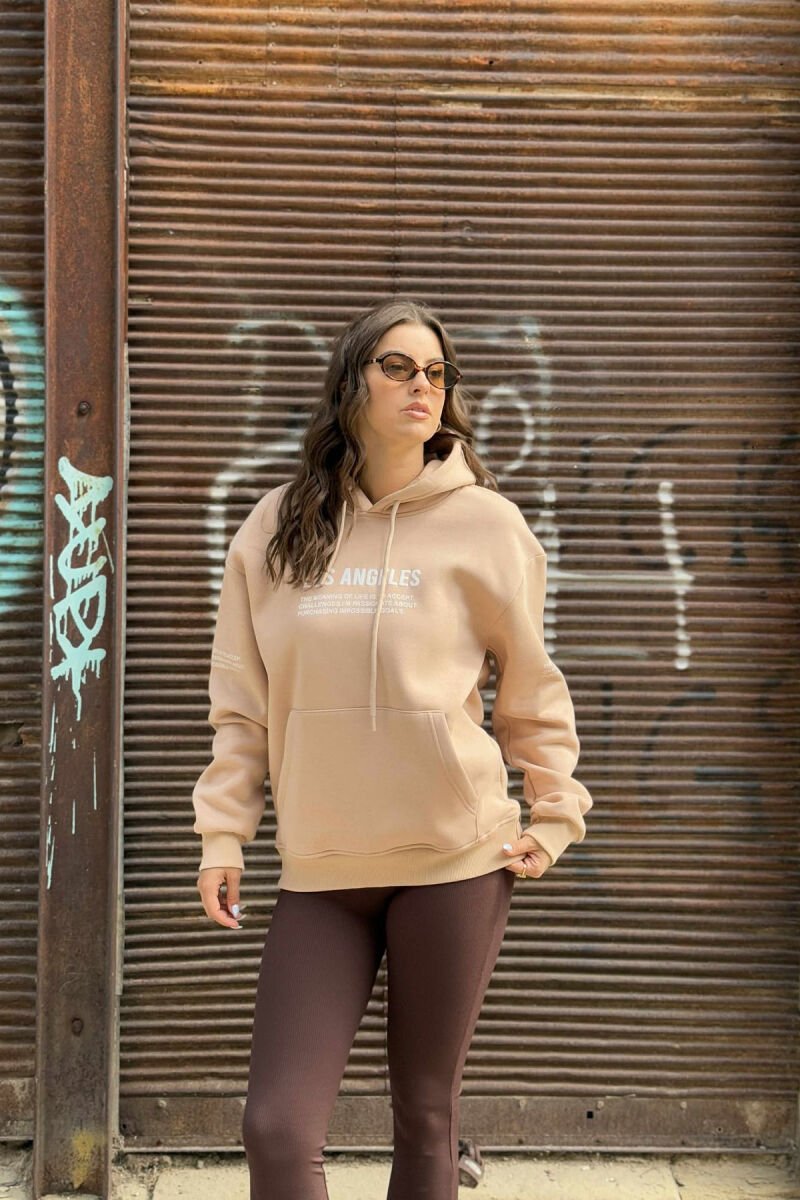 FRONT WRITTINGS FLUFFY ONE COLOR WOMEN HOODIE BEIGE/BEZHE - 1
