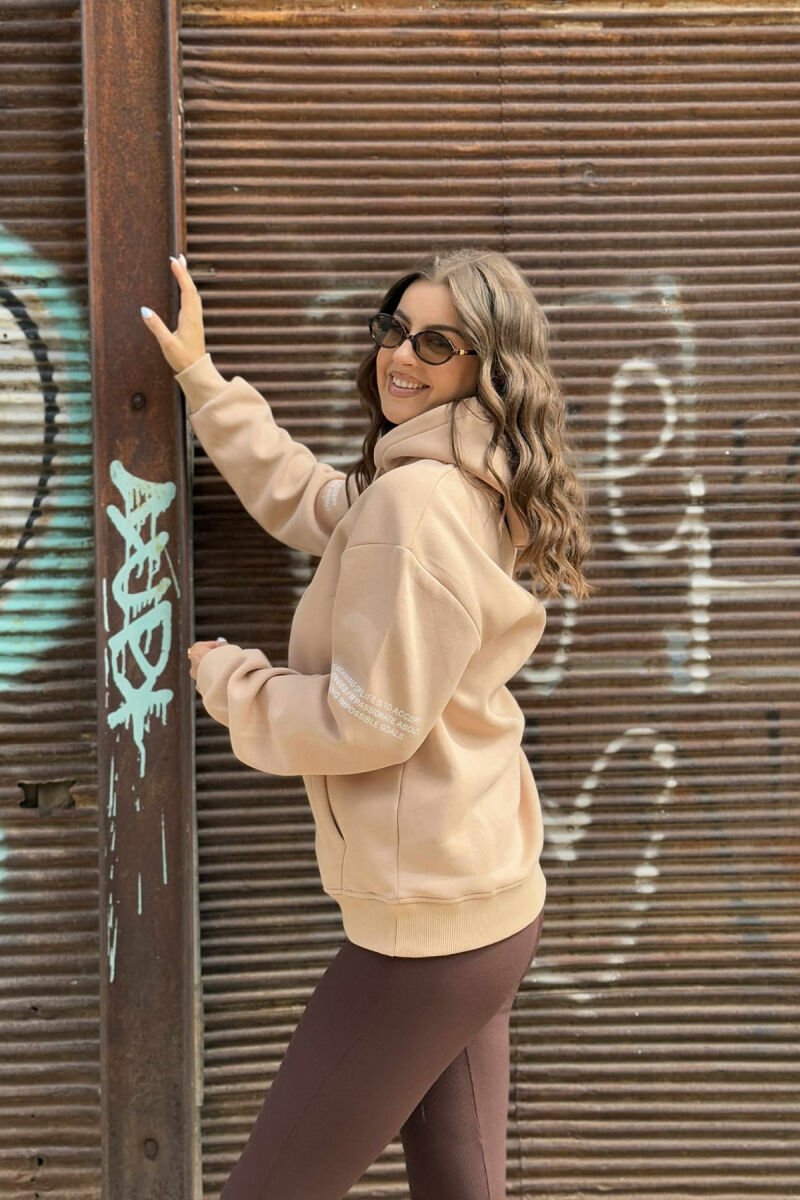 FRONT WRITTINGS FLUFFY ONE COLOR WOMEN HOODIE BEIGE/BEZHE - 4