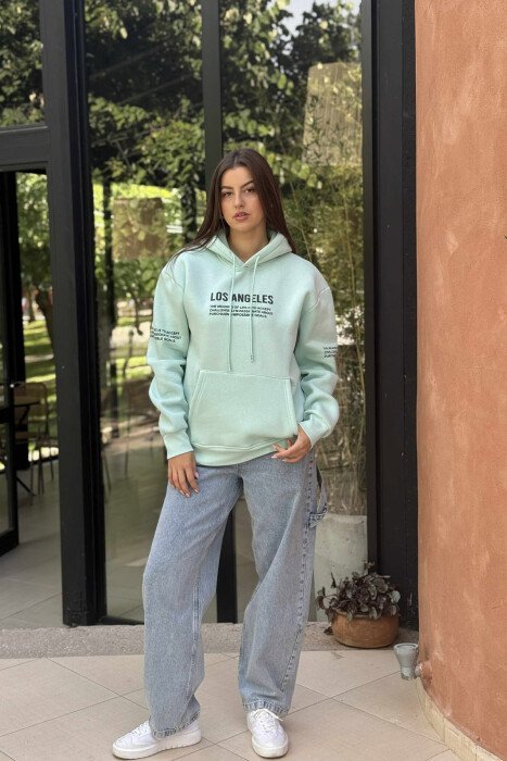 FRONT WRITTINGS FLUFFY ONE COLOR WOMEN HOODIE MINT/MENTE - 1