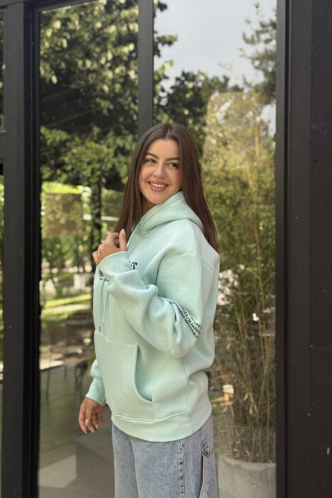 FRONT WRITTINGS FLUFFY ONE COLOR WOMEN HOODIE MINT/MENTE - 3