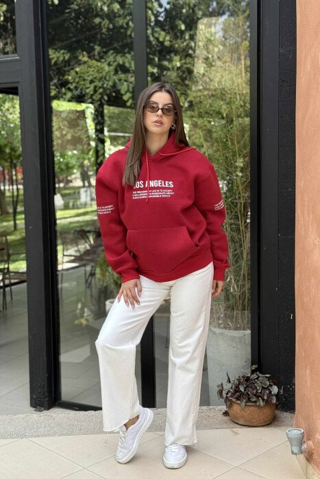 FRONT WRITTINGS FLUFFY ONE COLOR WOMEN HOODIE RED/E KUQE 