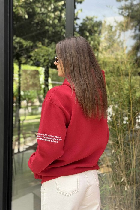 FRONT WRITTINGS FLUFFY ONE COLOR WOMEN HOODIE RED/E KUQE - 4