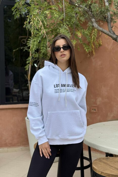 FRONT WRITTINGS FLUFFY ONE COLOR WOMEN HOODIE WHITE-E BARDHE - KLAUDIO FASHION