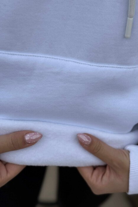 FRONT WRITTINGS FLUFFY ONE COLOR WOMEN HOODIE WHITE-E BARDHE - 5