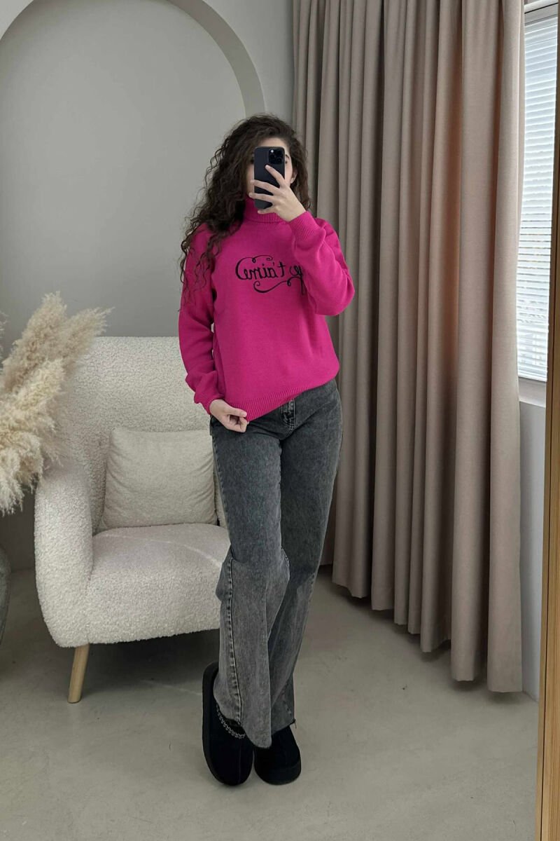 FRONT WRITTINGS HIGH NECK SIMPLE WOMEN SWEATER FUCHSIA/CIKLAMI - 1