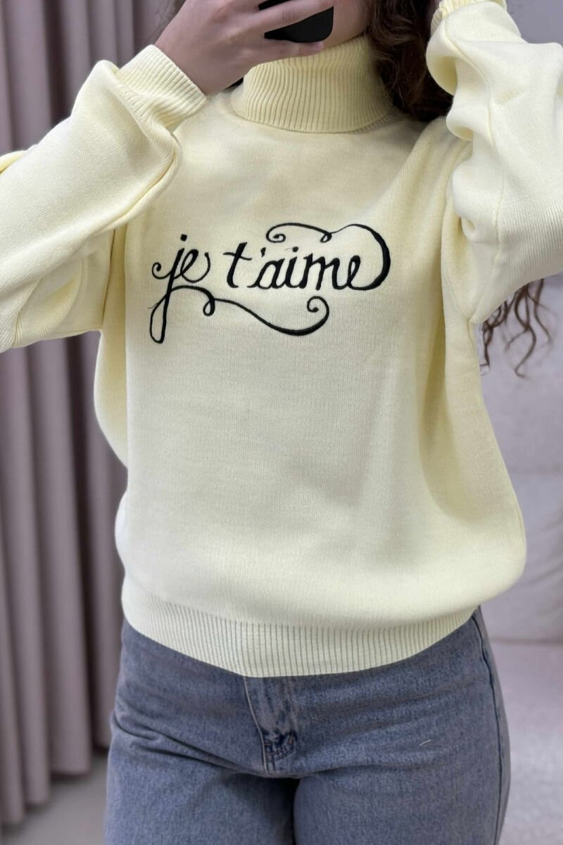 FRONT WRITTINGS HIGH NECK SIMPLE WOMEN SWEATER YELLOW/E VERDHE - 4