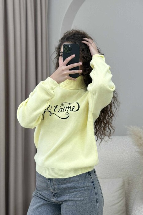 FRONT WRITTINGS HIGH NECK SIMPLE WOMEN SWEATER YELLOW/E VERDHE - 2