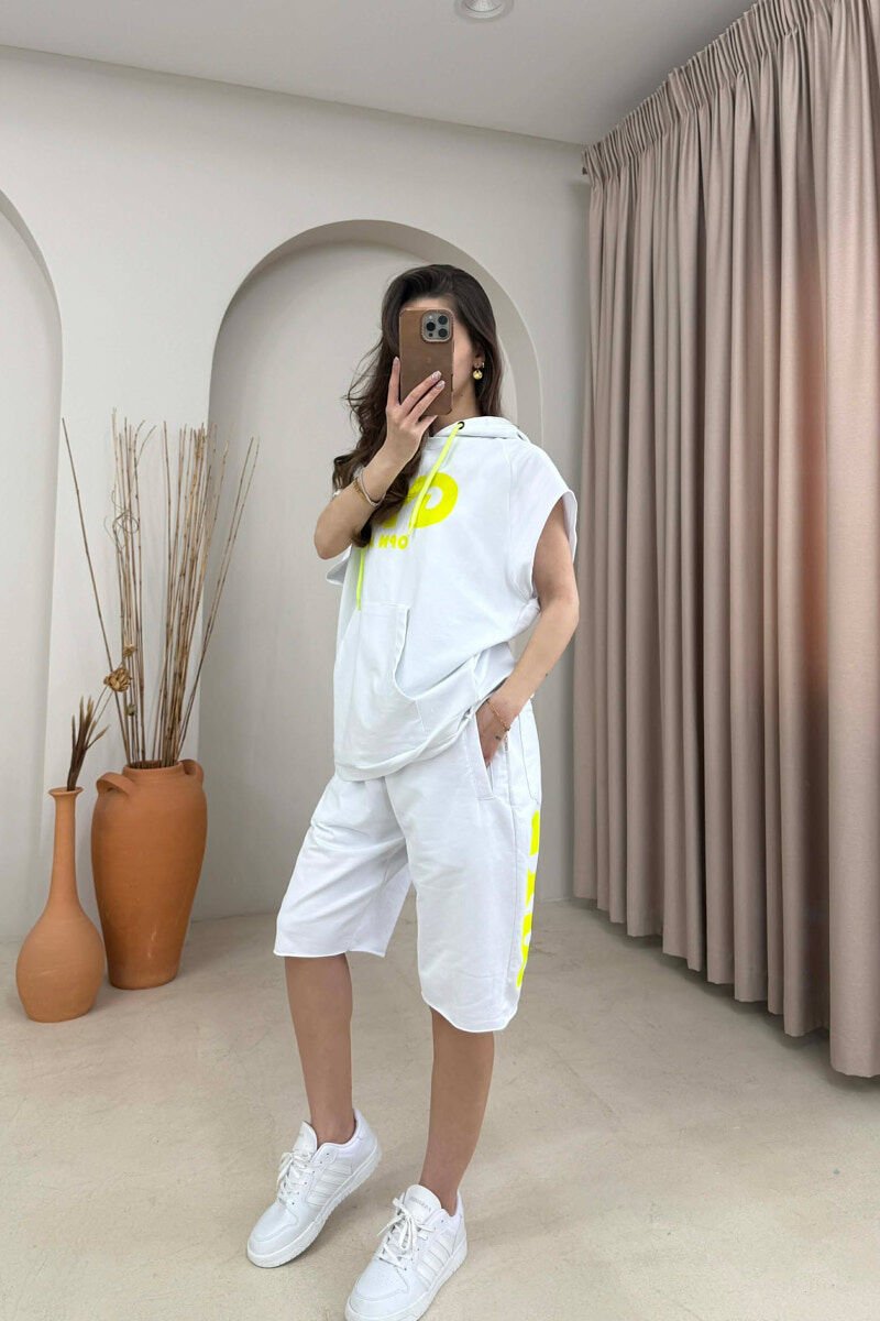 FRONT WRITTINGS HOODED TANK TOP+SHORTS WOMAN SET WHITE-E BARDHE - 2