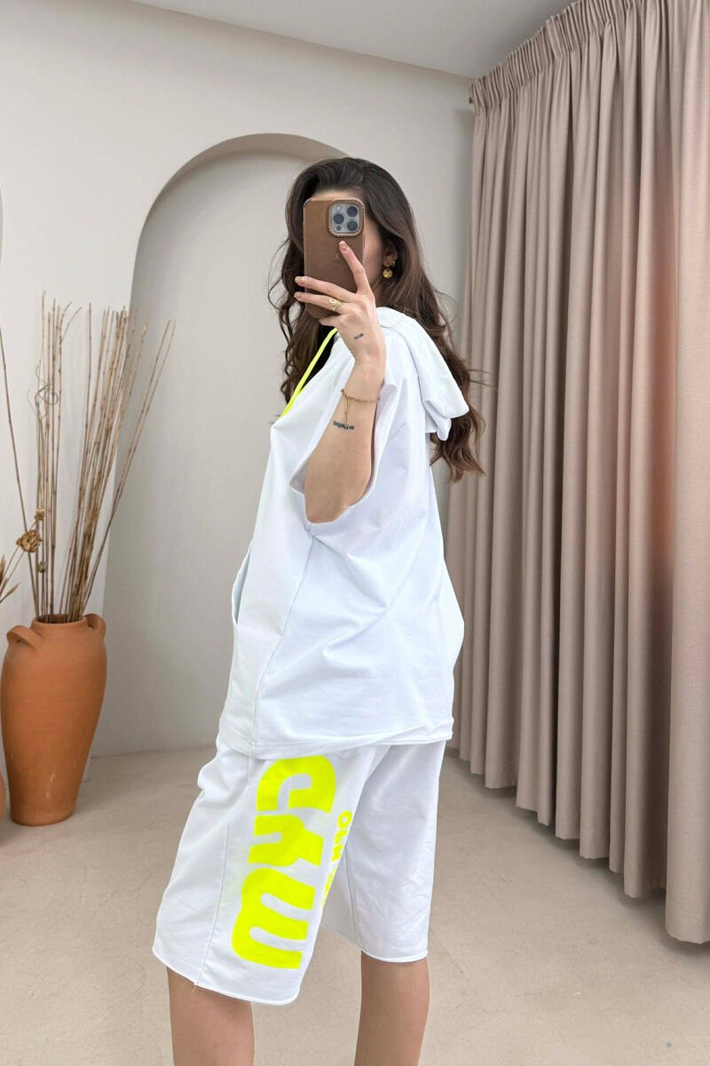 FRONT WRITTINGS HOODED TANK TOP+SHORTS WOMAN SET WHITE-E BARDHE - 4
