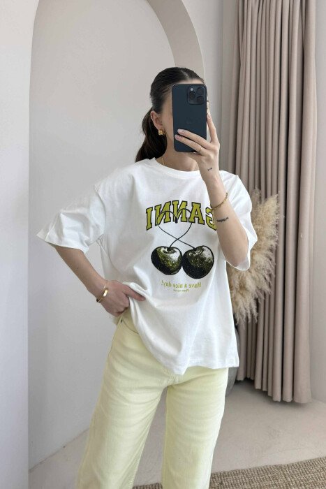 FRONT WRITTINGS IMAGE WOMEN T-SHIRT WHITE-E BARDHE - KLAUDIO FASHION