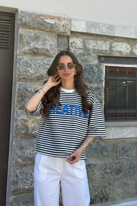 FRONT WRITTINGS LINES DESIGN WOMAN T-SHIRT WHITE-BLUE/BABL - 1
