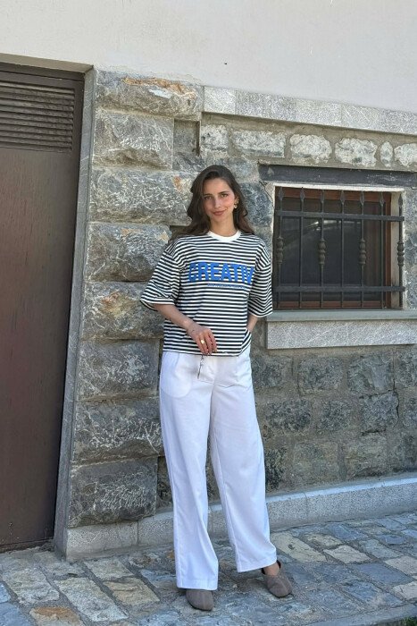 FRONT WRITTINGS LINES DESIGN WOMAN T-SHIRT WHITE-BLUE/BABL - 3