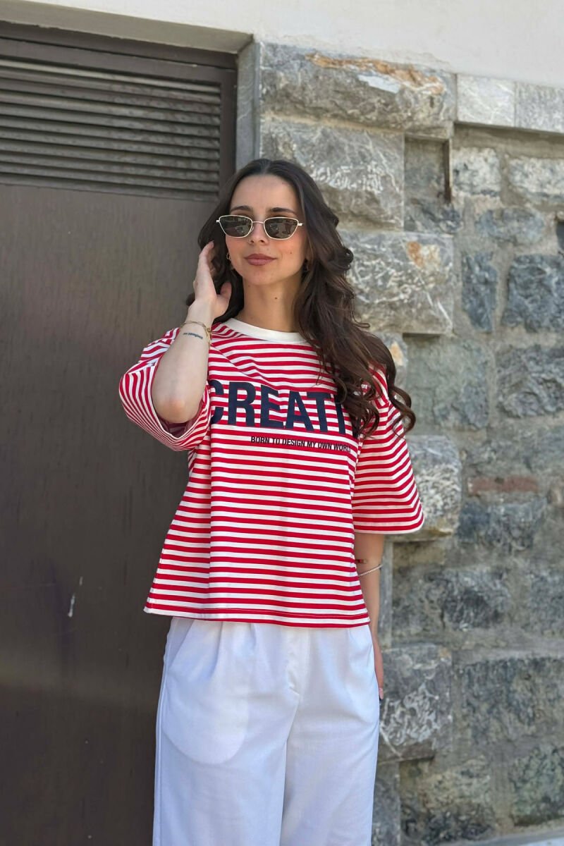 FRONT WRITTINGS LINES DESIGN WOMAN T-SHIRT WHITE-RED/BAKU - 1
