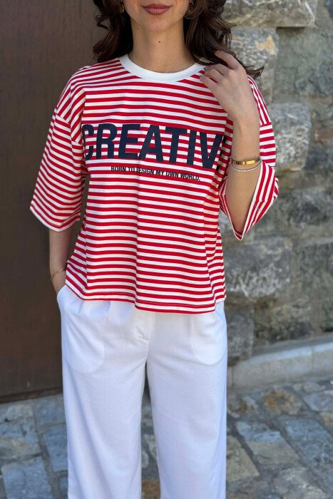 FRONT WRITTINGS LINES DESIGN WOMAN T-SHIRT WHITE-RED/BAKU - 5