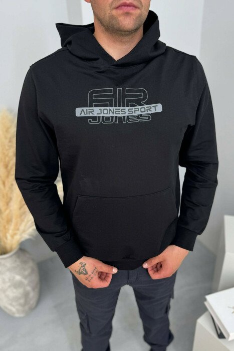 FRONT WRITTINGS ONE COLOR MEN HOODIE BLACK/ E ZEZE - KLAUDIO FASHION