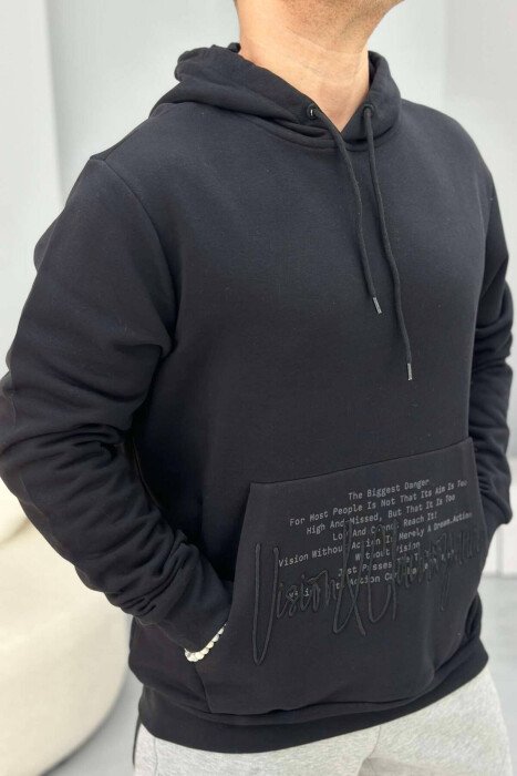 FRONT WRITTINGS ONE COLOR MEN HOODIE BLACK/ E ZEZE - KLAUDIO FASHION