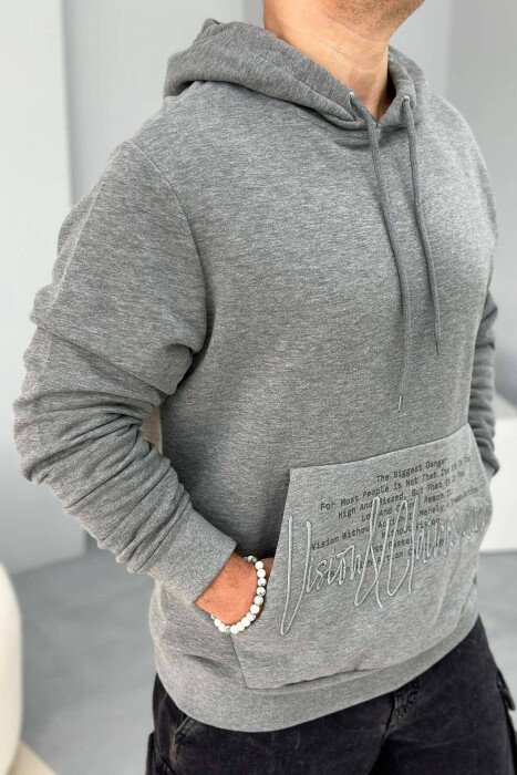 FRONT WRITTINGS ONE COLOR MEN HOODIE GREY/GRI - KLAUDIO FASHION