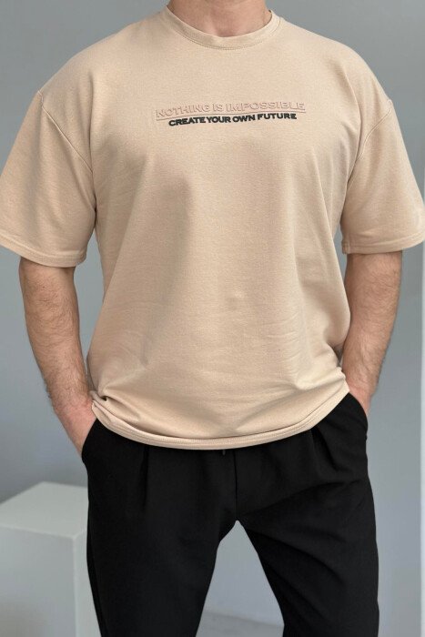 FRONT WRITTINGS ONE COLOR ROUND NECK MEN T-SHIRT BEIGE/BEZHE 