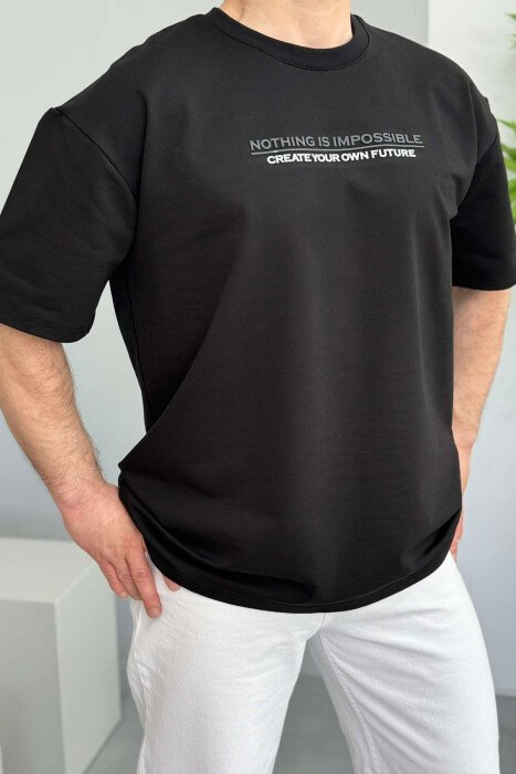 FRONT WRITTINGS ONE COLOR ROUND NECK MEN T-SHIRT BLACK/ E ZEZE 