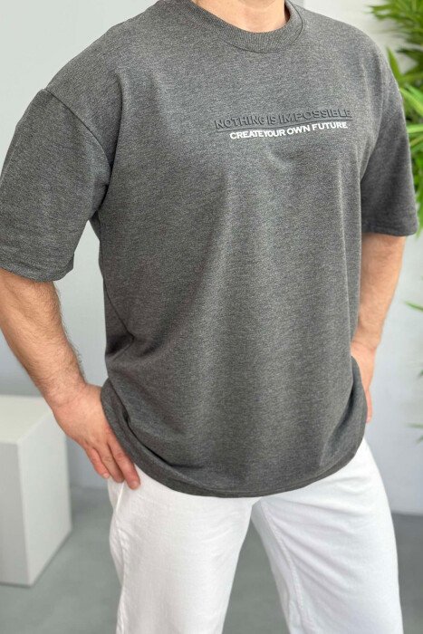 FRONT WRITTINGS ONE COLOR ROUND NECK MEN T-SHIRT DARK GREY/GEE 