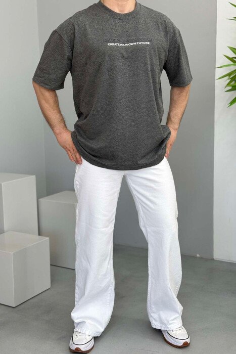 FRONT WRITTINGS ONE COLOR ROUND NECK MEN T-SHIRT DARK GREY/GEE - 2