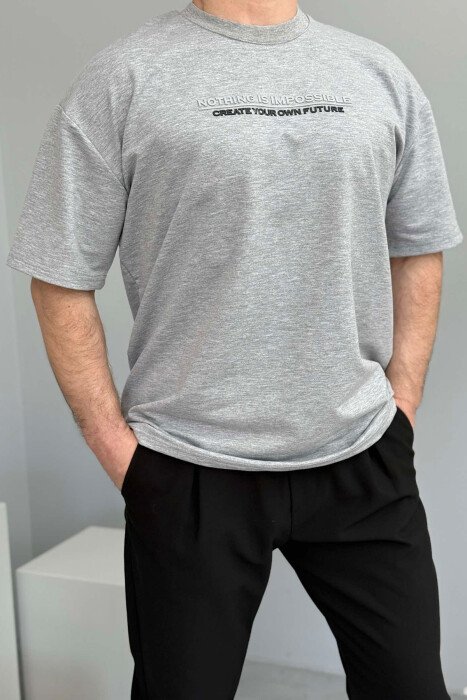 FRONT WRITTINGS ONE COLOR ROUND NECK MEN T-SHIRT GREY/GRI 