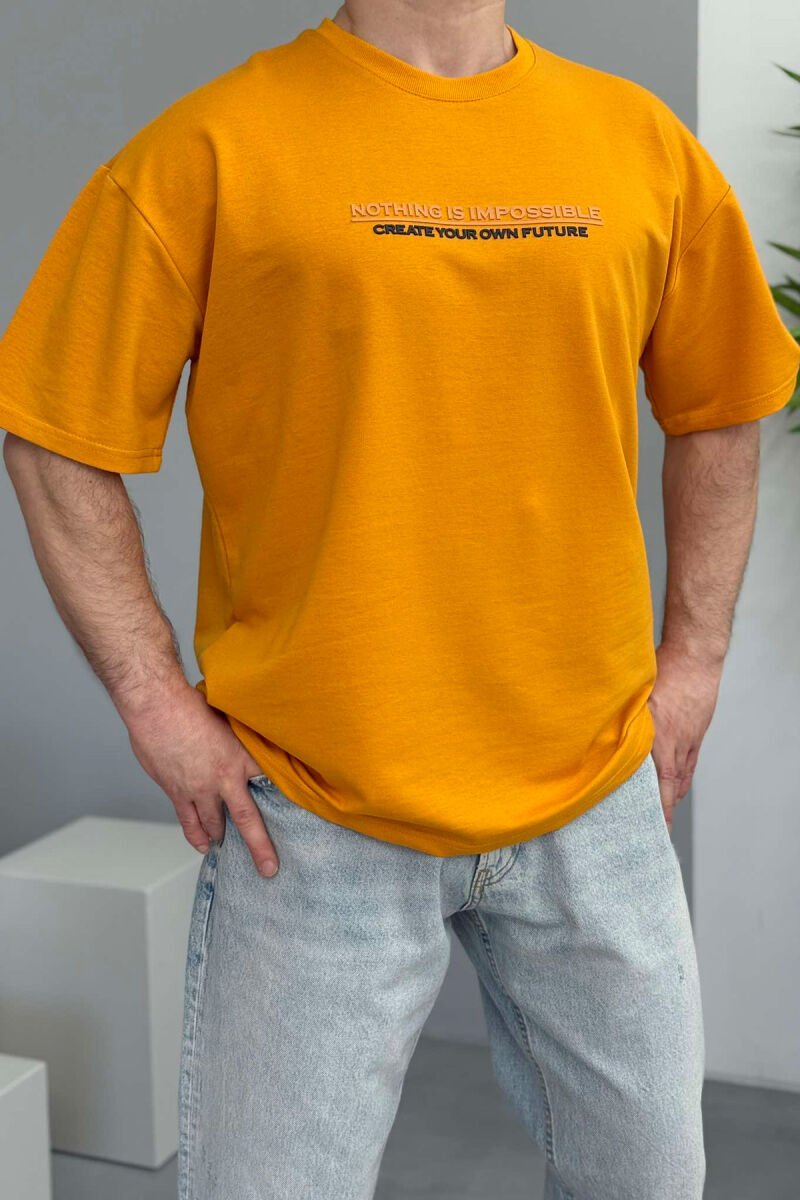 FRONT WRITTINGS ONE COLOR ROUND NECK MEN T-SHIRT MUSTARD/MUSTARDE - 1