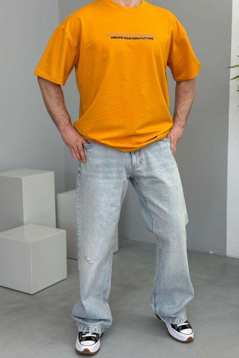 FRONT WRITTINGS ONE COLOR ROUND NECK MEN T-SHIRT MUSTARD/MUSTARDE - 3