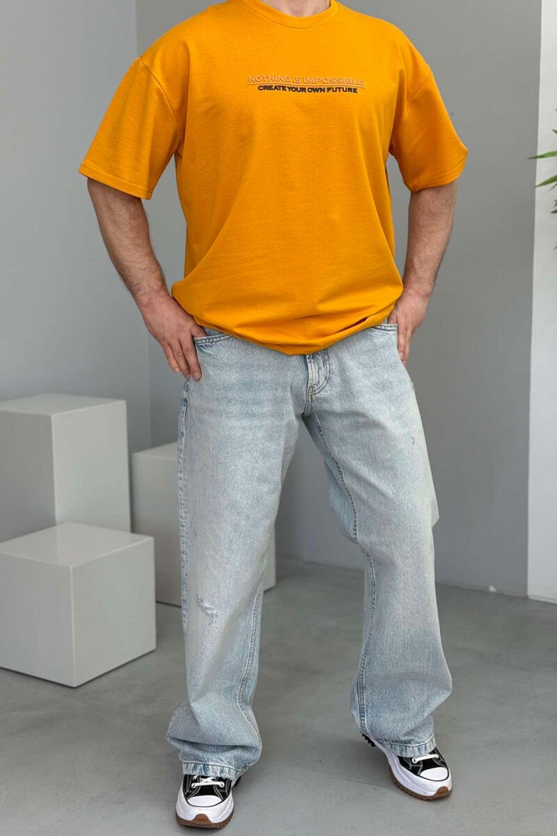 FRONT WRITTINGS ONE COLOR ROUND NECK MEN T-SHIRT MUSTARD/MUSTARDE - 3