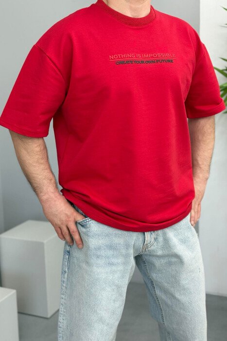 FRONT WRITTINGS ONE COLOR ROUND NECK MEN T-SHIRT RED/E KUQE 
