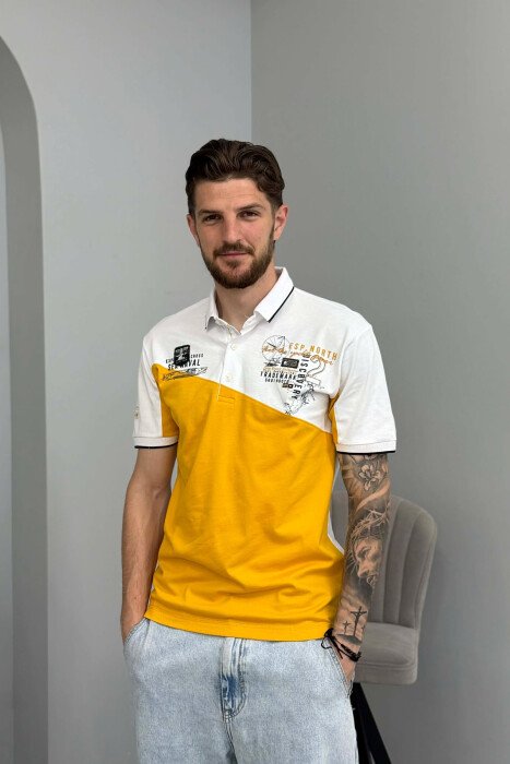 FRONT WRITTINGS POLO NECK MEN T-SHIRT WHITE-YELLOW/BAVE - 1