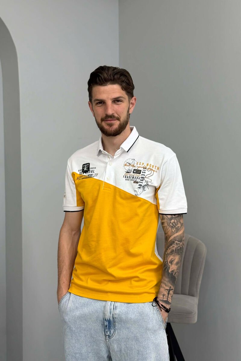 FRONT WRITTINGS POLO NECK MEN T-SHIRT WHITE-YELLOW/BAVE - 1