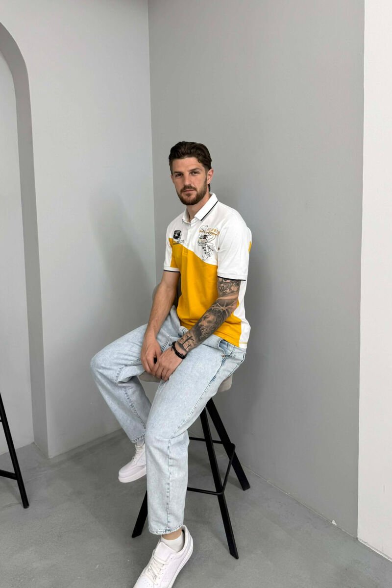 FRONT WRITTINGS POLO NECK MEN T-SHIRT WHITE-YELLOW/BAVE - 2
