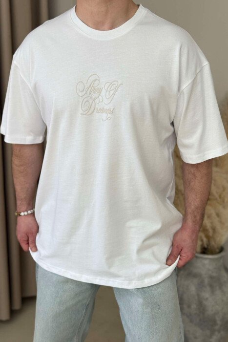 FRONT WRITTINGS ROUND NECK BACK DESIGN MEN T-SHIRT WHITE-E BARDHE - KLAUDIO FASHION