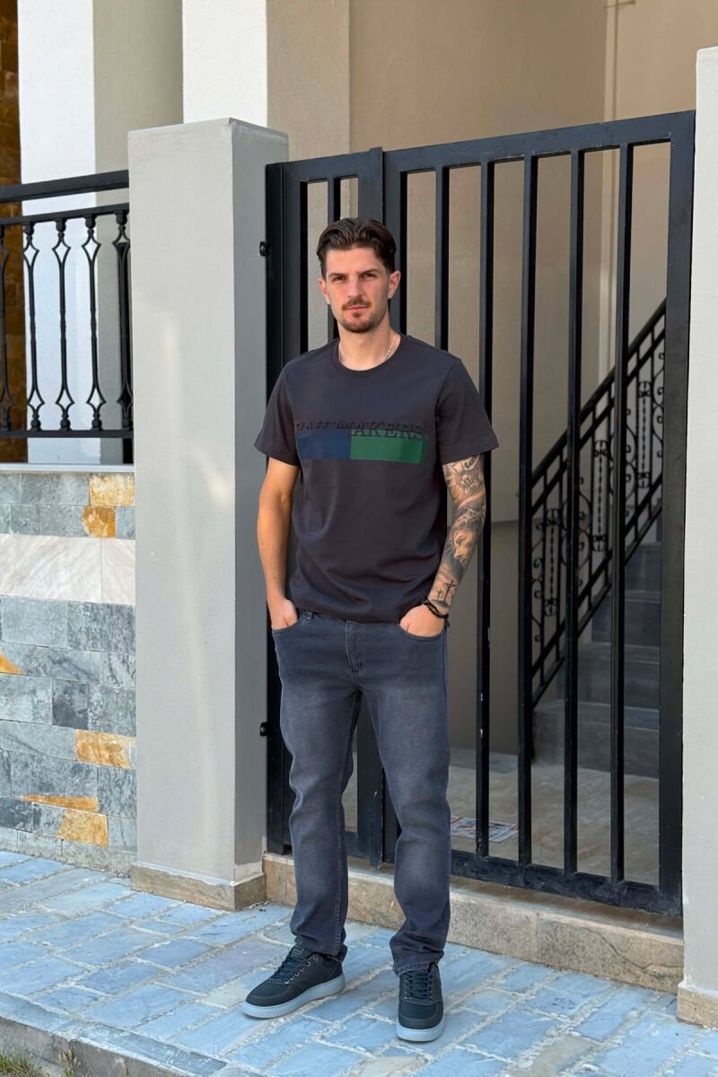 FRONT WRITTINGS ROUND NECK MEN T-SHIRT GREY-BLUE/ GRBL - 4