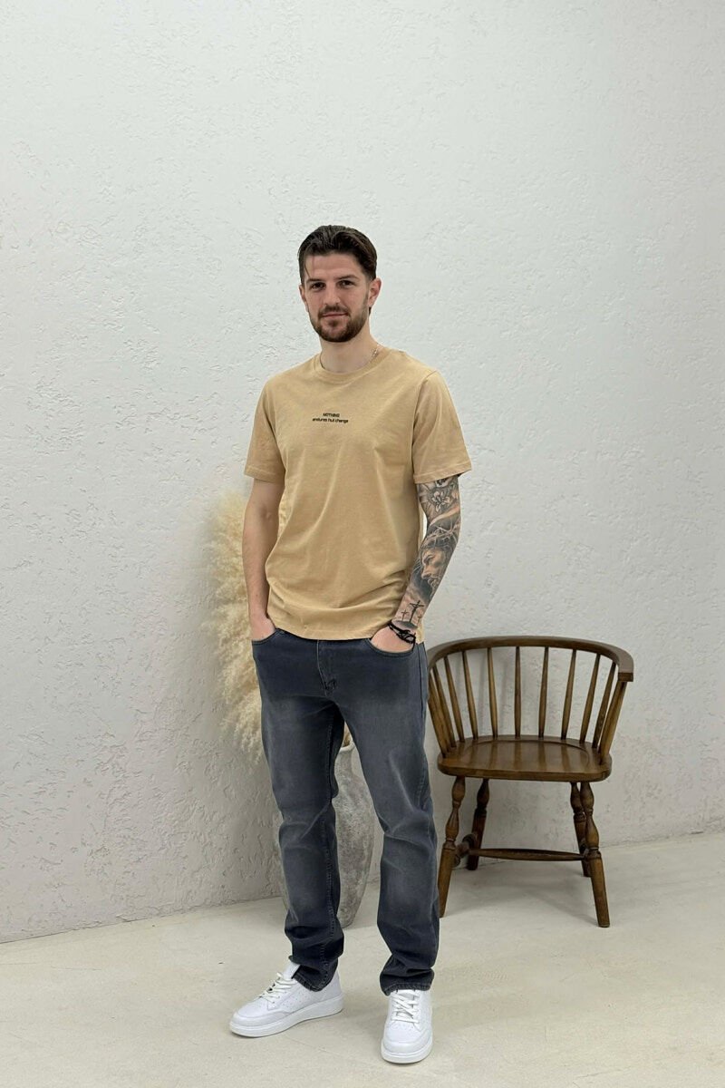 FRONT WRITTINGS ROUND NECK MEN T-SHIRT LIGHT BROWN/KAZB - 2