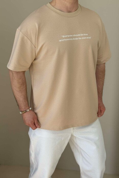 FRONT WRITTINGS ROUND NECK ONE COLOR MEN T-SHIRT BEIGE/BEZHE 