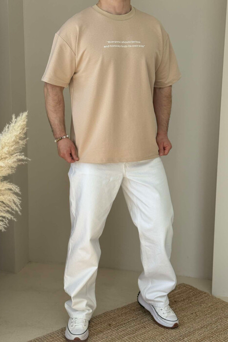 FRONT WRITTINGS ROUND NECK ONE COLOR MEN T-SHIRT BEIGE/BEZHE - 3