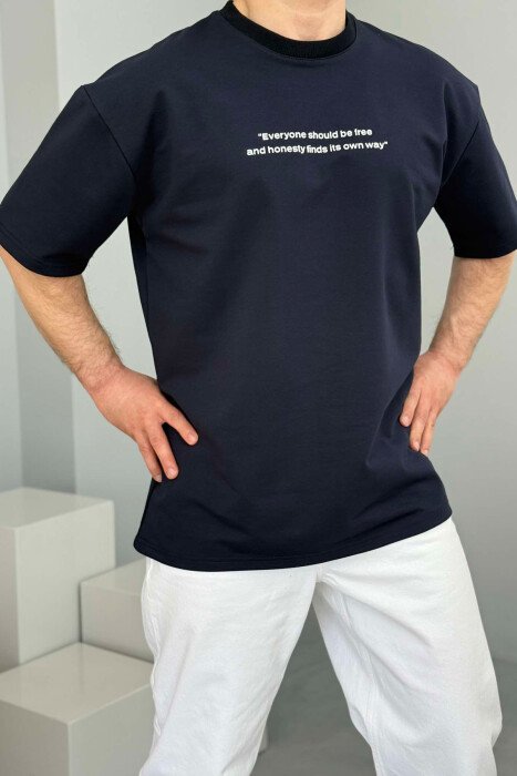 FRONT WRITTINGS ROUND NECK ONE COLOR MEN T-SHIRT DARK BLUE/BEE - 1